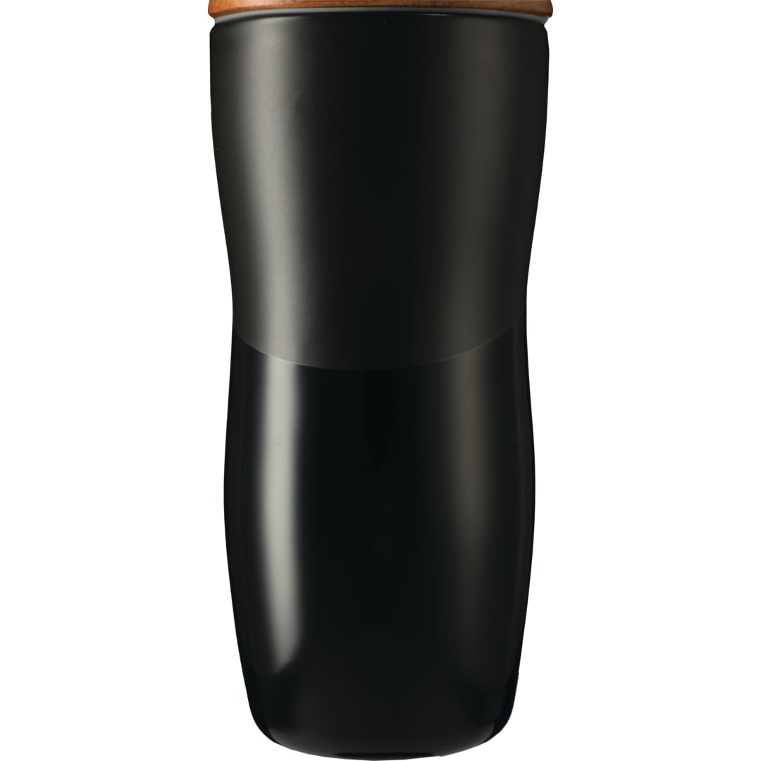 Front View of Black Reno Double Wall Ceramic Tumbler w/Wood Lid 10oz plain
