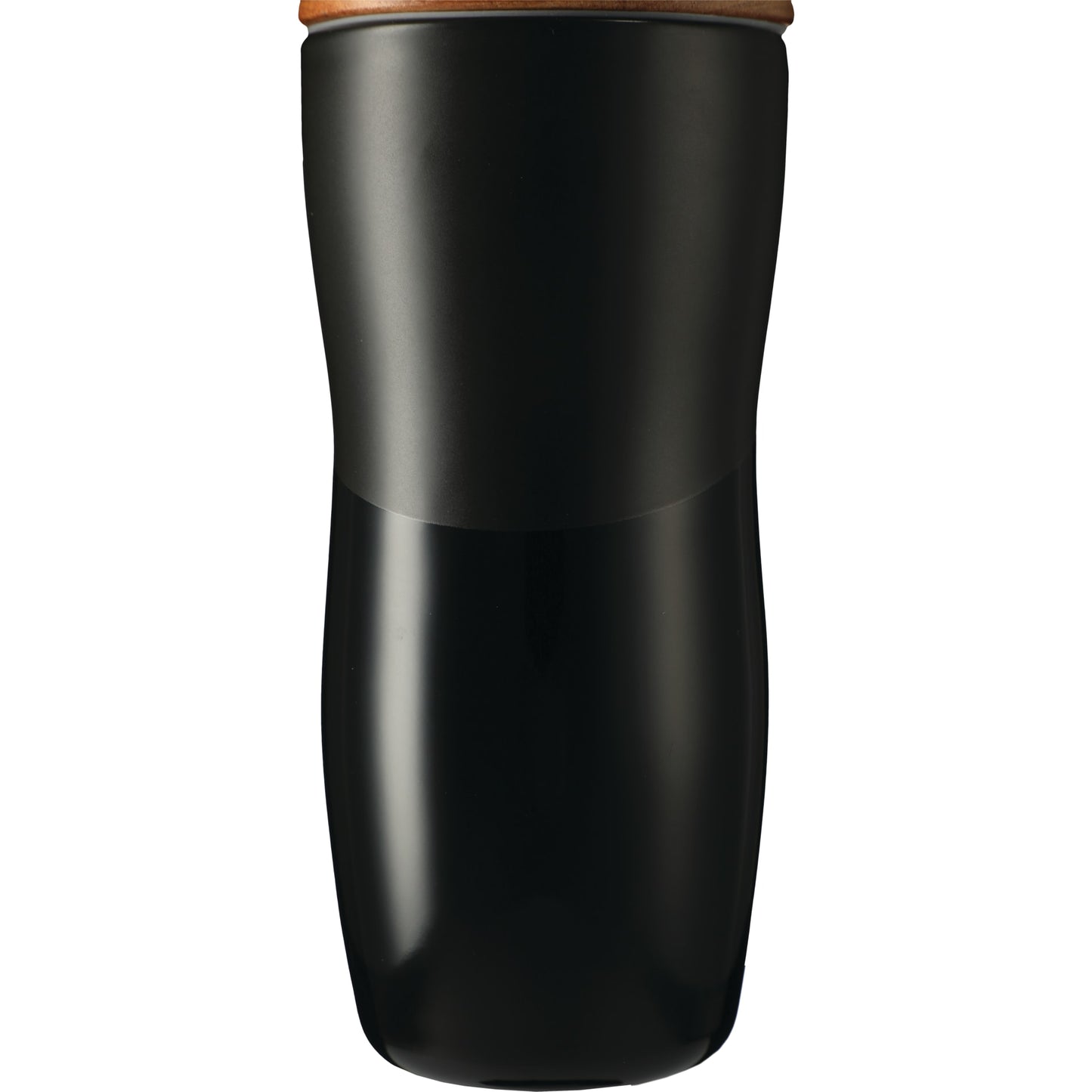 Front View of Black Reno Double Wall Ceramic Tumbler w/Wood Lid 10oz plain