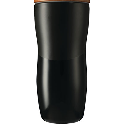 Front View of Black Reno Double Wall Ceramic Tumbler w/Wood Lid 10oz plain