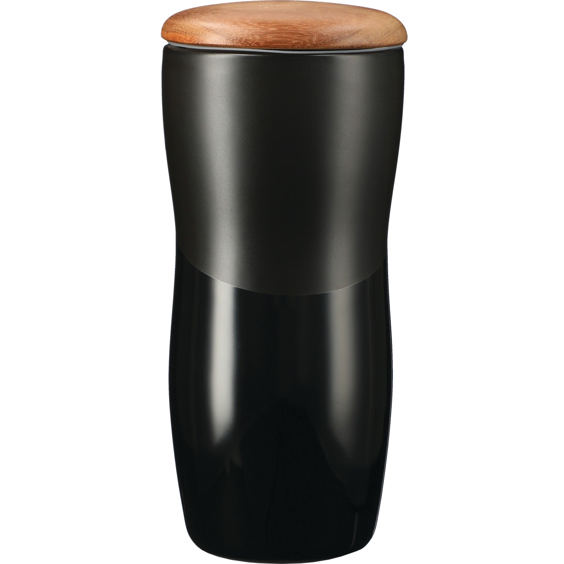Front View of Black Reno Double Wall Ceramic Tumbler w/Wood Lid 10oz plain