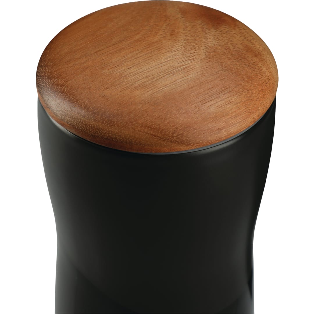 Front View of Black Reno Double Wall Ceramic Tumbler w/Wood Lid 10oz