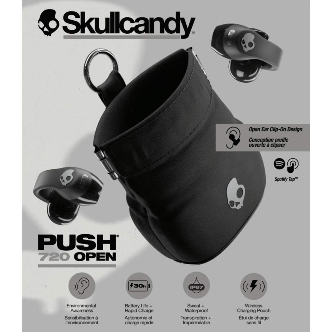 Front View of Black Skullcandy Push 720 Open Wireless Earbuds