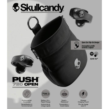 Front View of Black Skullcandy Push 720 Open Wireless Earbuds