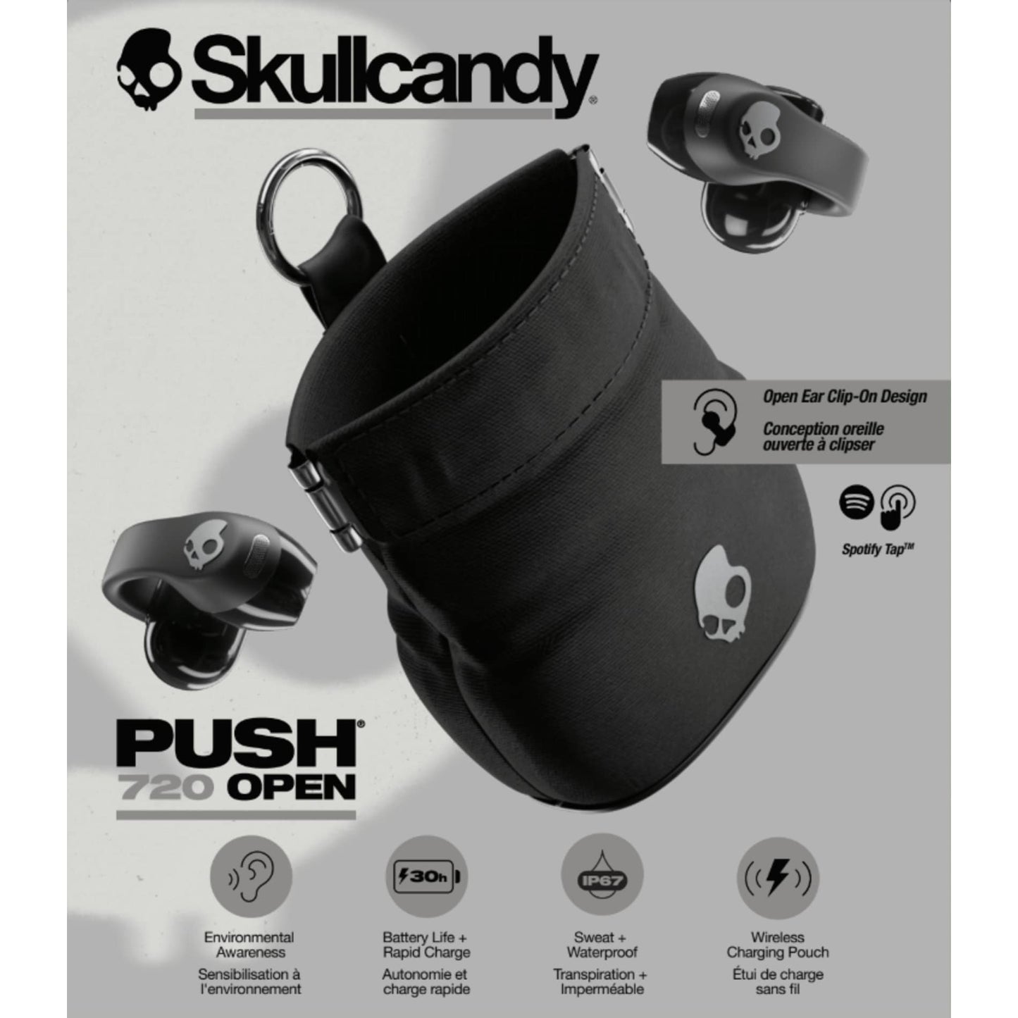 Front View of Black Skullcandy Push 720 Open Wireless Earbuds