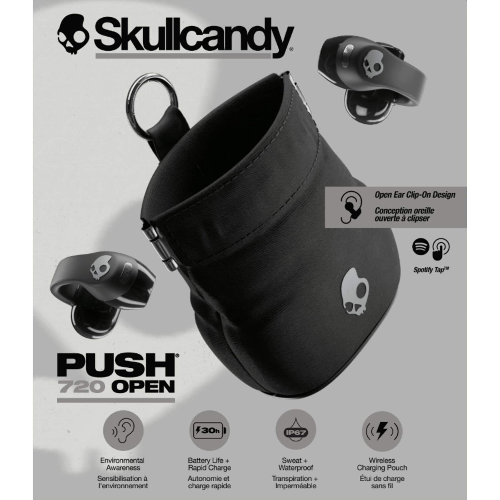 Front View of Black Skullcandy Push 720 Open Wireless Earbuds