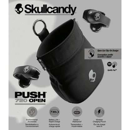 Front View of Black Skullcandy Push 720 Open Wireless Earbuds