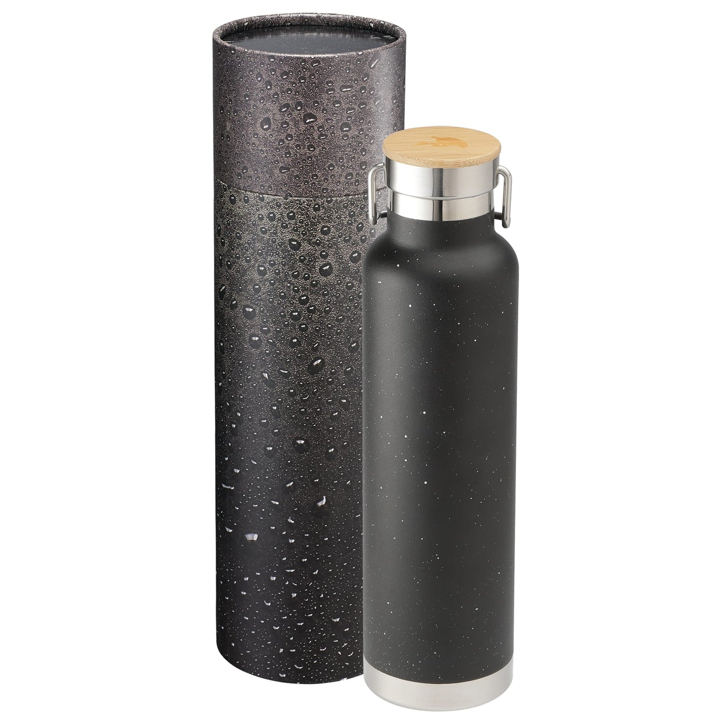 Front View of Black Speckled Thor Bottle 22oz With Cylindrical Box plain
