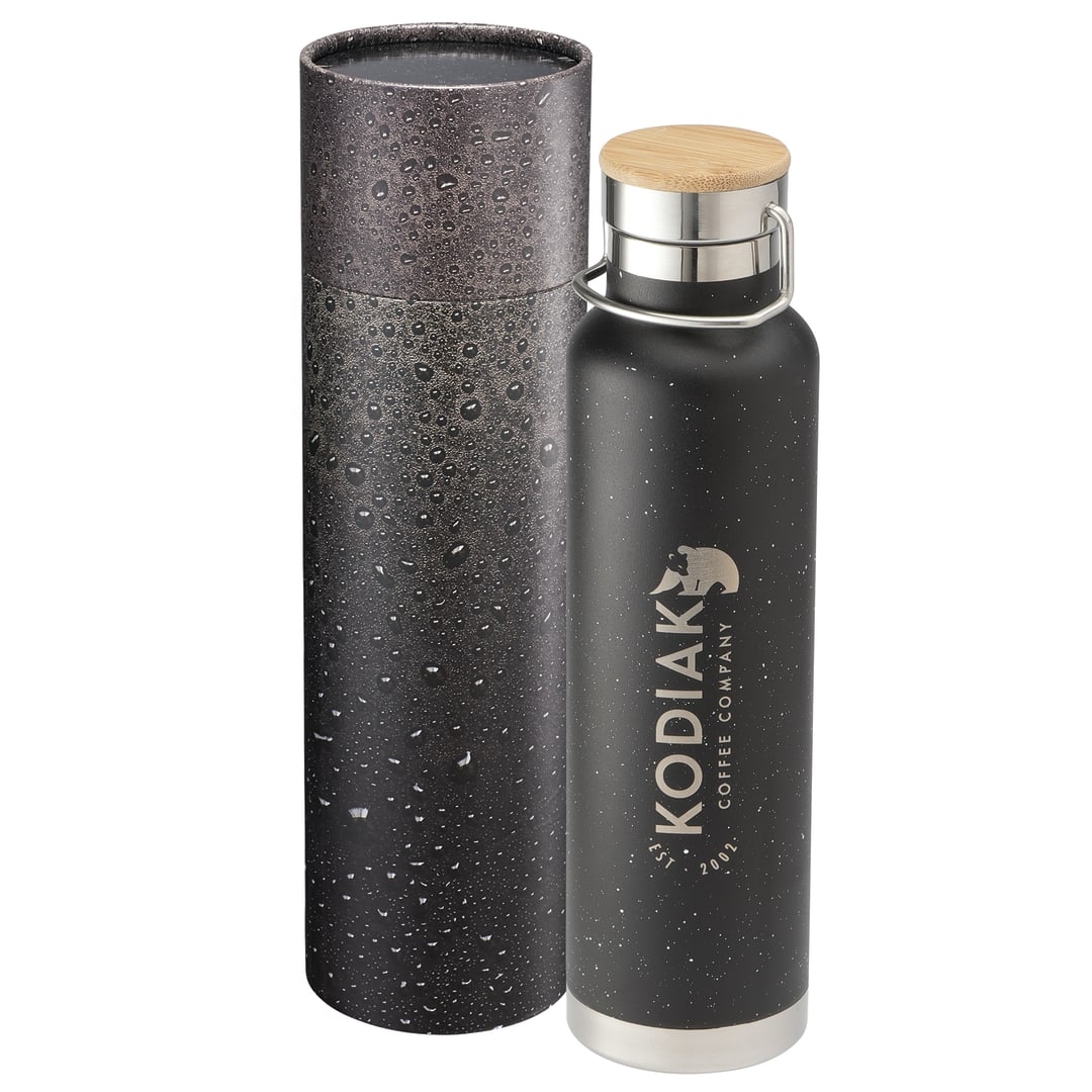 Front View of Black Speckled Thor Bottle 22oz With Cylindrical Box