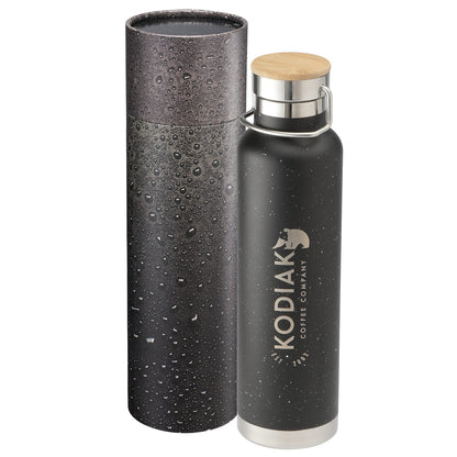 Front View of Black Speckled Thor Bottle 22oz With Cylindrical Box