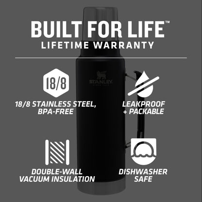 Front View of Black Stanley Legendary Classic Bottle 48oz