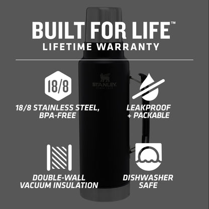 Front View of Black Stanley Legendary Classic Bottle 48oz