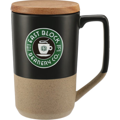 Front View of Black Tahoe Tea & Coffee Ceramic Mug with Wood Lid 16oz
