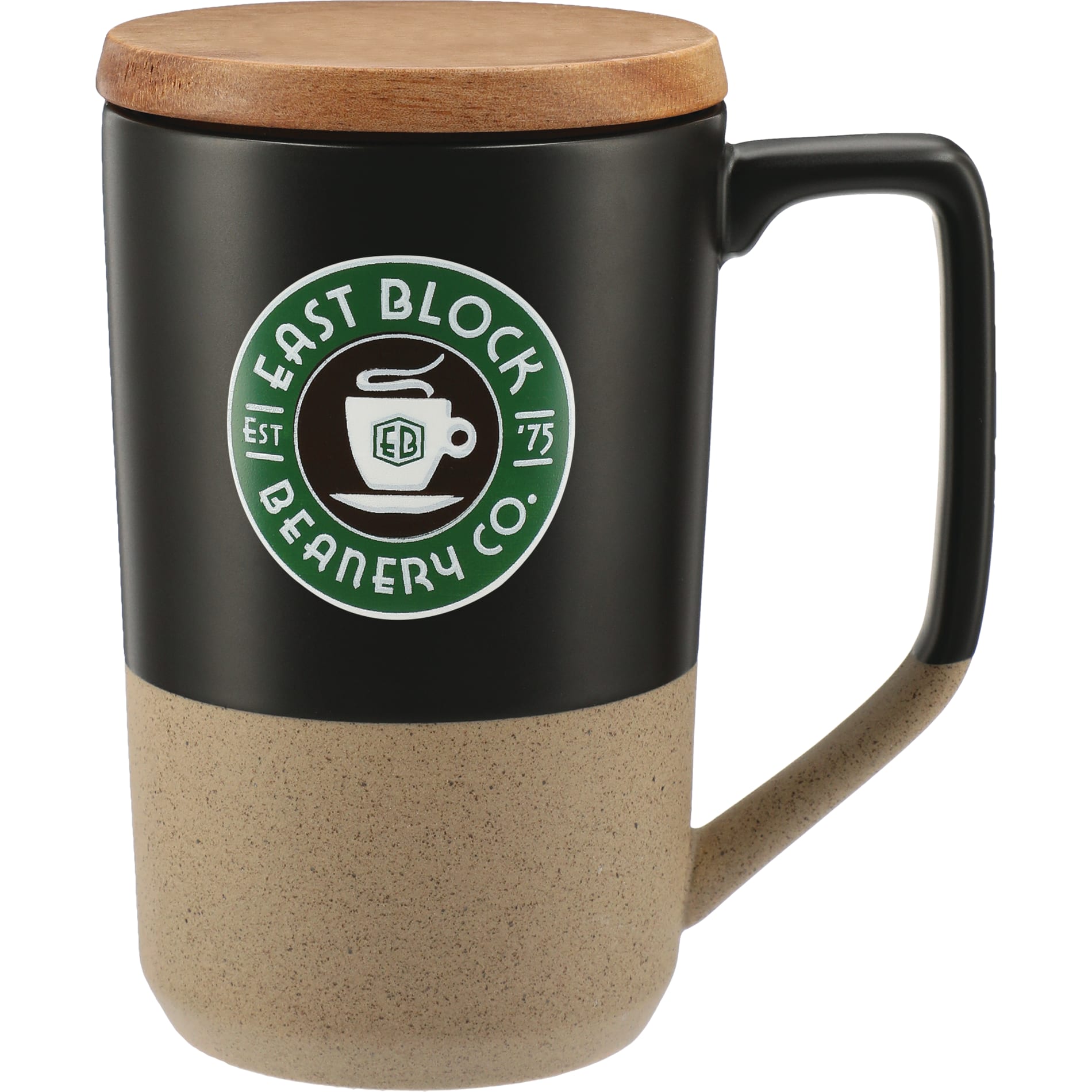 Front View of Black Tahoe Tea & Coffee Ceramic Mug with Wood Lid 16oz