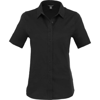 Front View of Black TATRA Eco Short Knit Button Up Sleeve Shirt - Women's plain