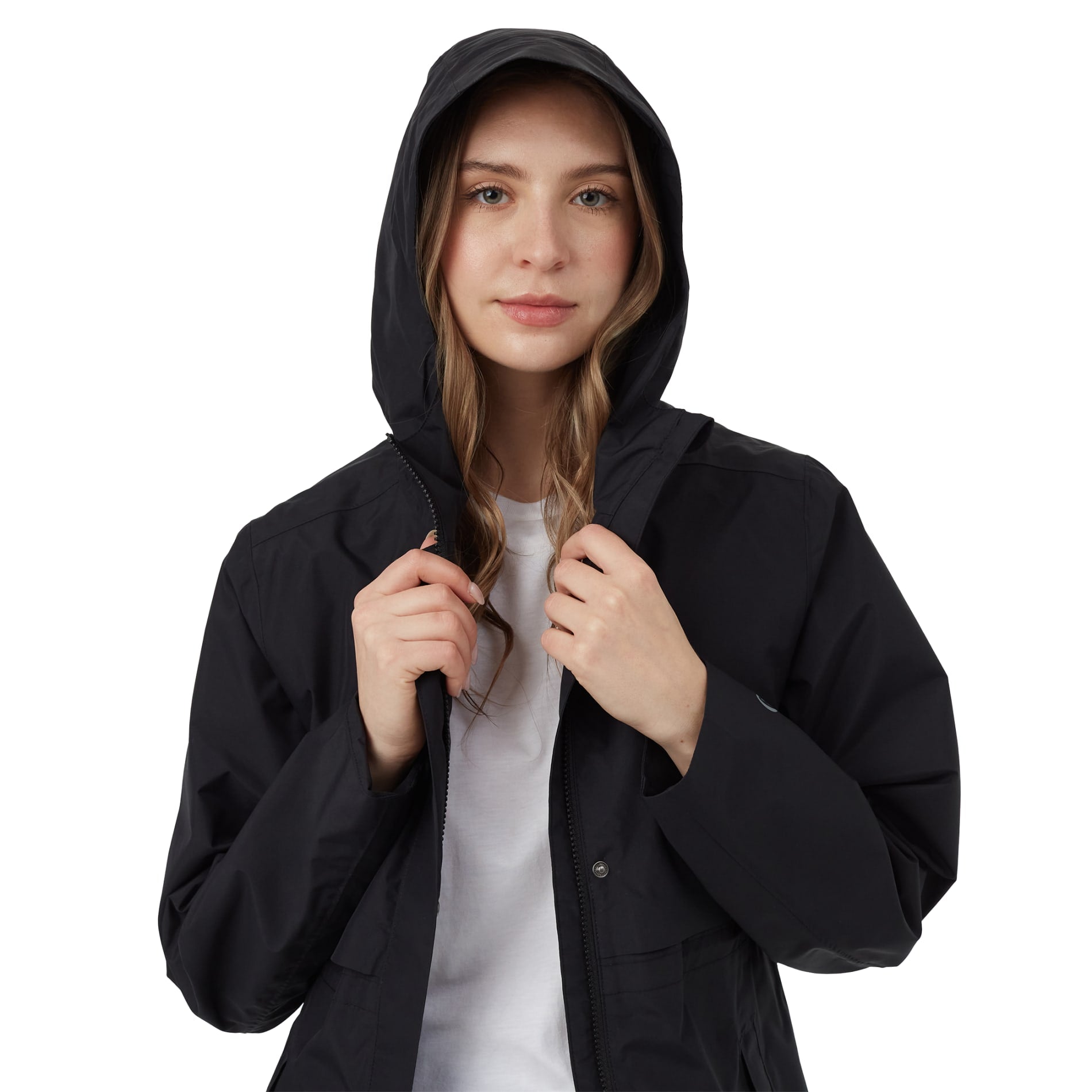 Front View of Black tentree Nimbus Long Rain Jacket - Women's plain