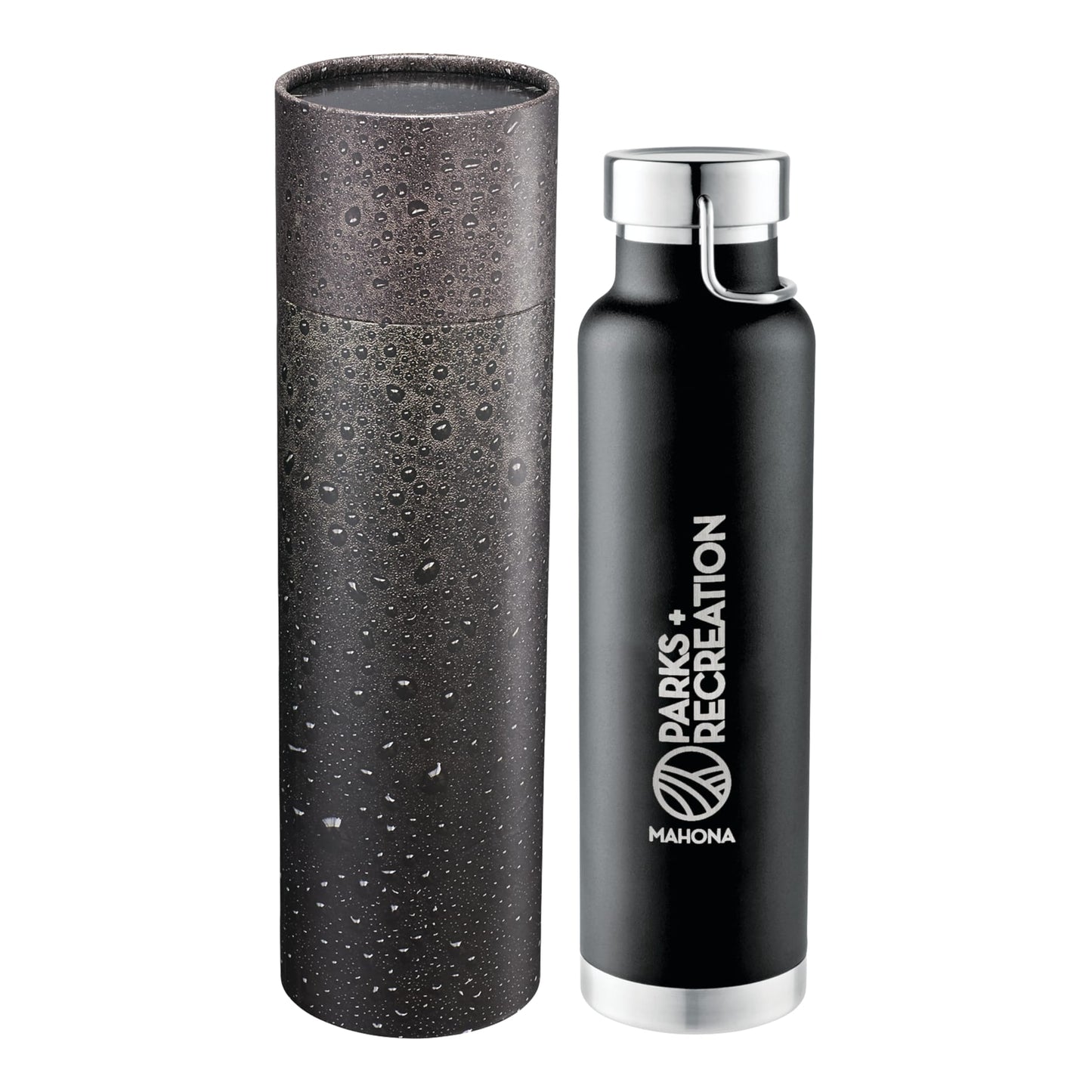 Front View of Black Thor Copper Vac Bottle 22oz With Cylindrical Box