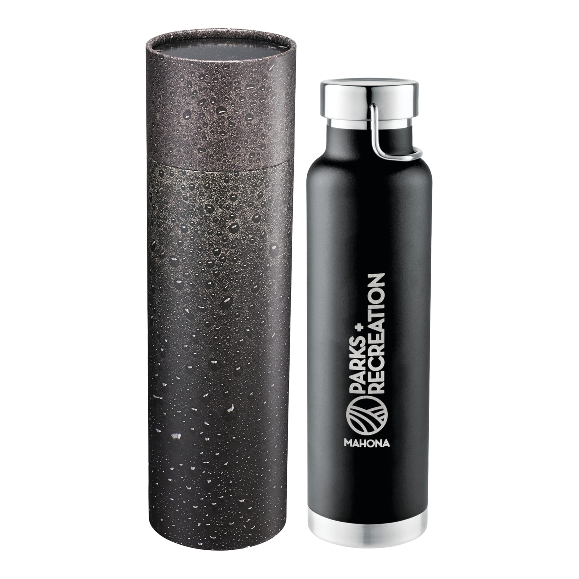 Front View of Black Thor Copper Vac Bottle 22oz With Cylindrical Box