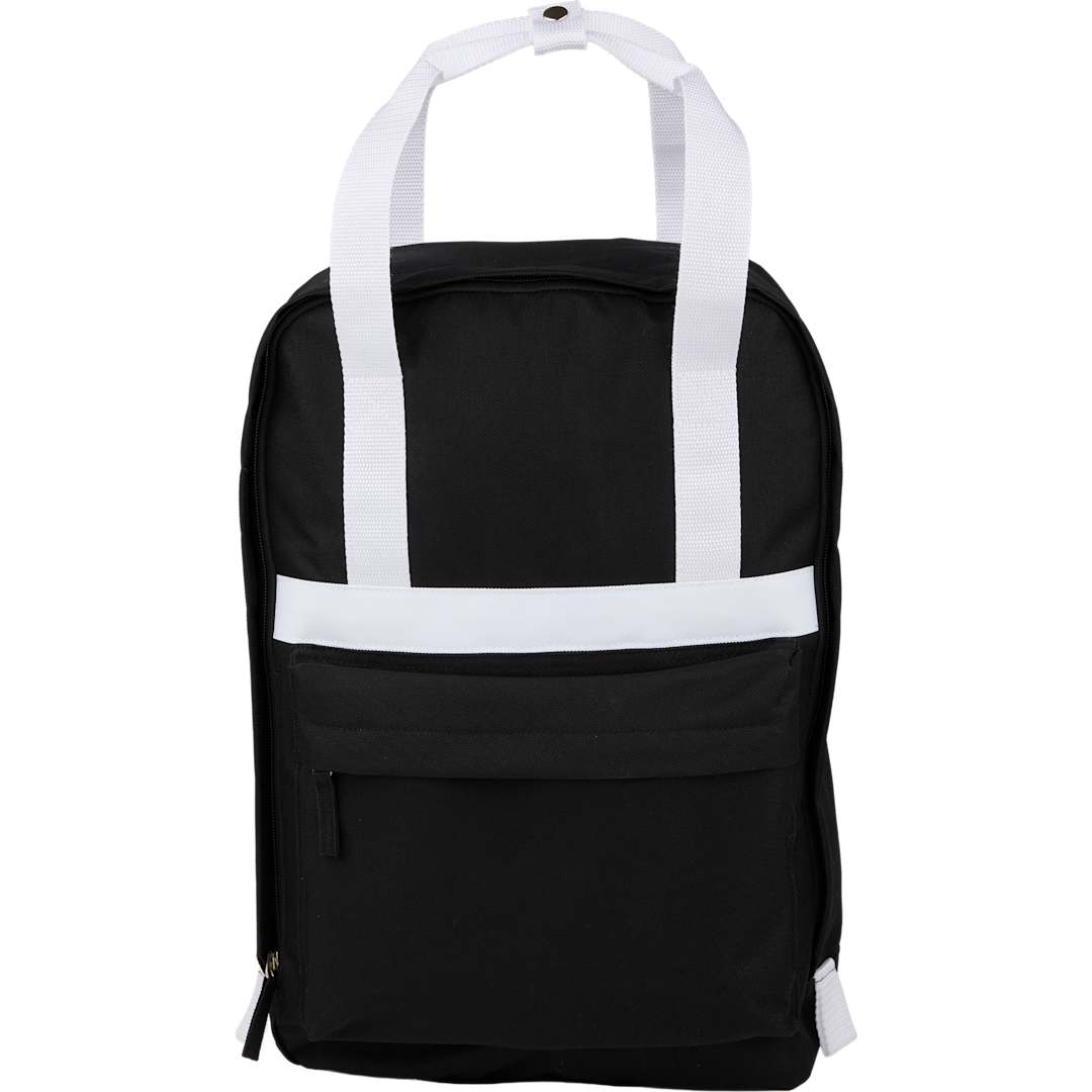 Front View of Black Varsity Recycled Backpack plain