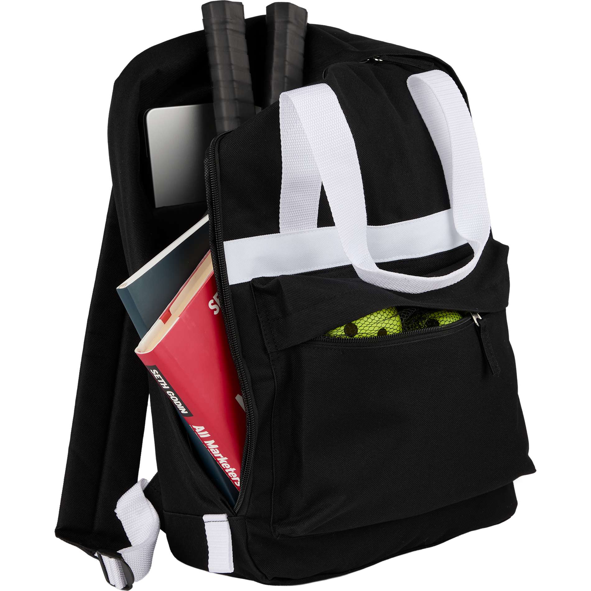 Front View of Black Varsity Recycled Backpack