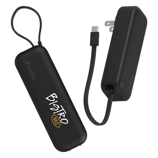 Front View of Black Wally Pro 20 5000 mAh Powerbank and Wall Charger