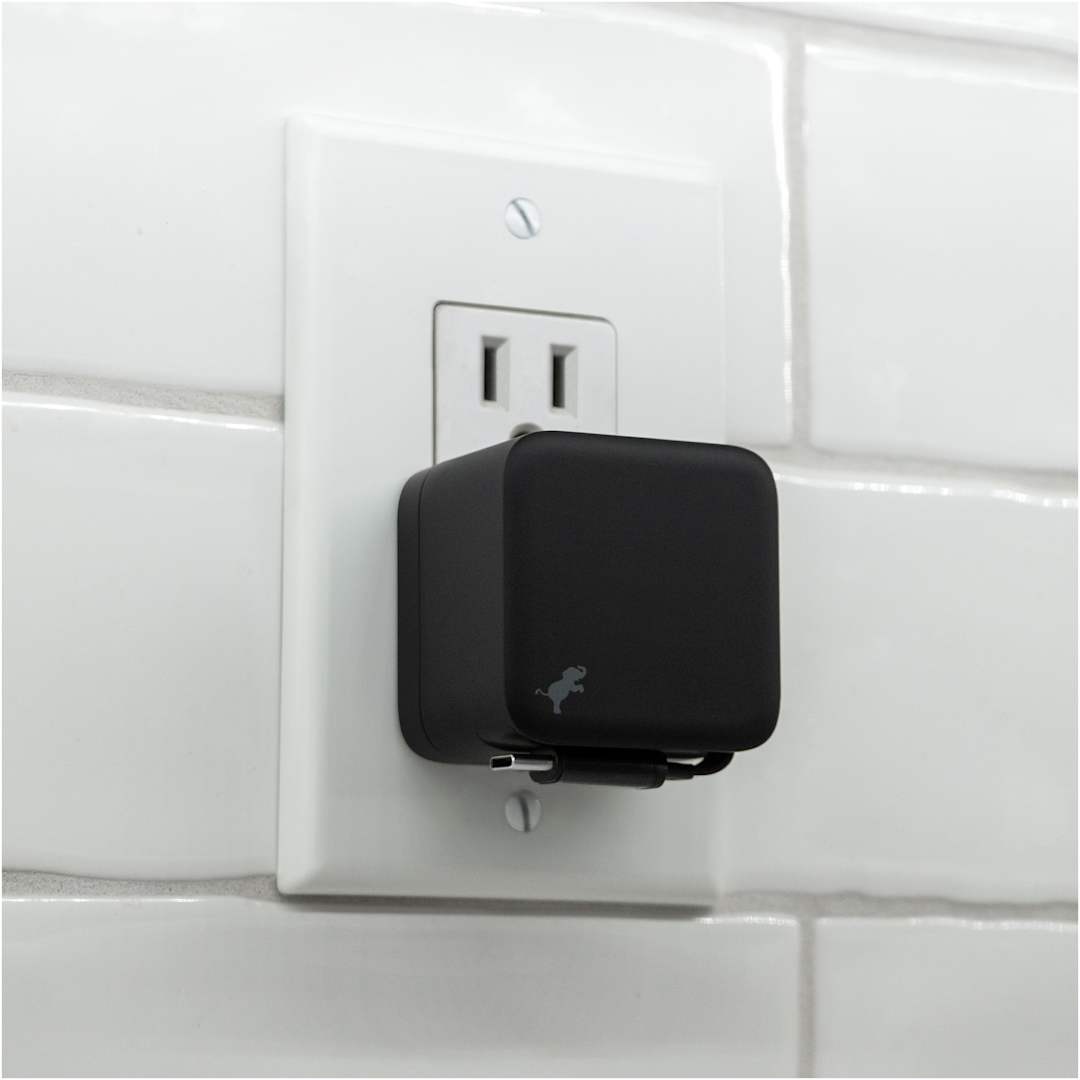 Front View of Black Wally Stretch 35 Wall Charger with cable