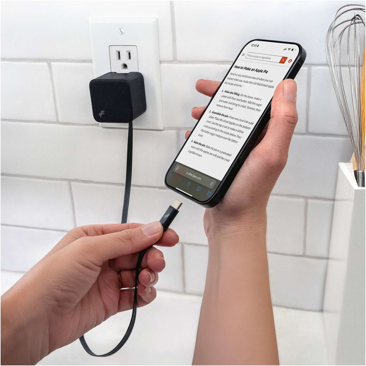 Front View of Black Wally Stretch 35 Wall Charger with cable