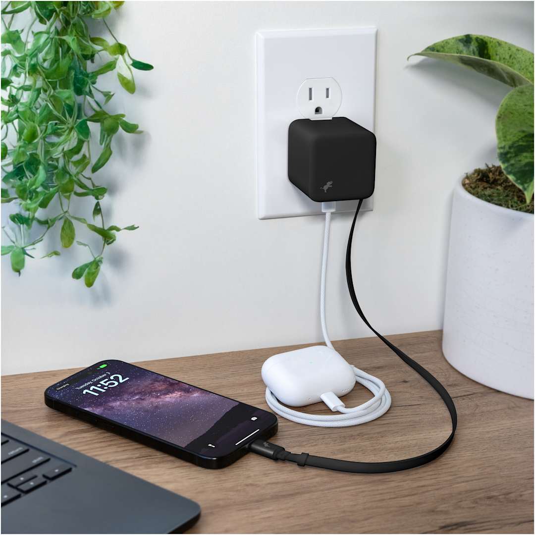 Front View of Black Wally Stretch 35 Wall Charger with cable