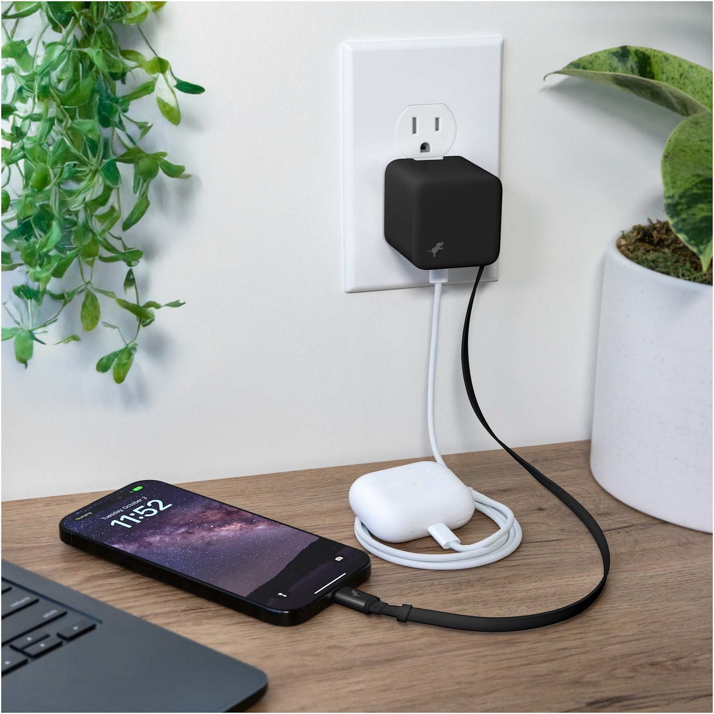 Front View of Black Wally Stretch 35 Wall Charger with cable