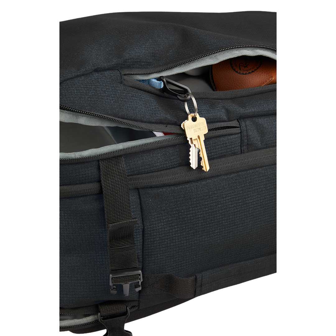 Front View of Black Wander & Roam Travel Backpack plain