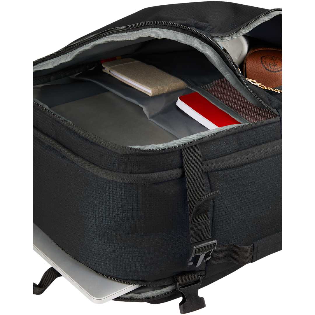 Front View of Black Wander & Roam Travel Backpack plain