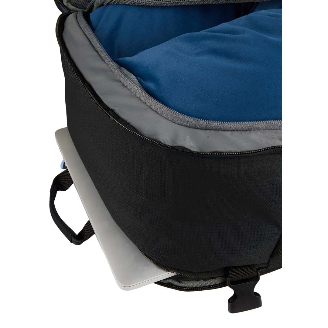 Front View of Black Wander & Roam Travel Backpack plain