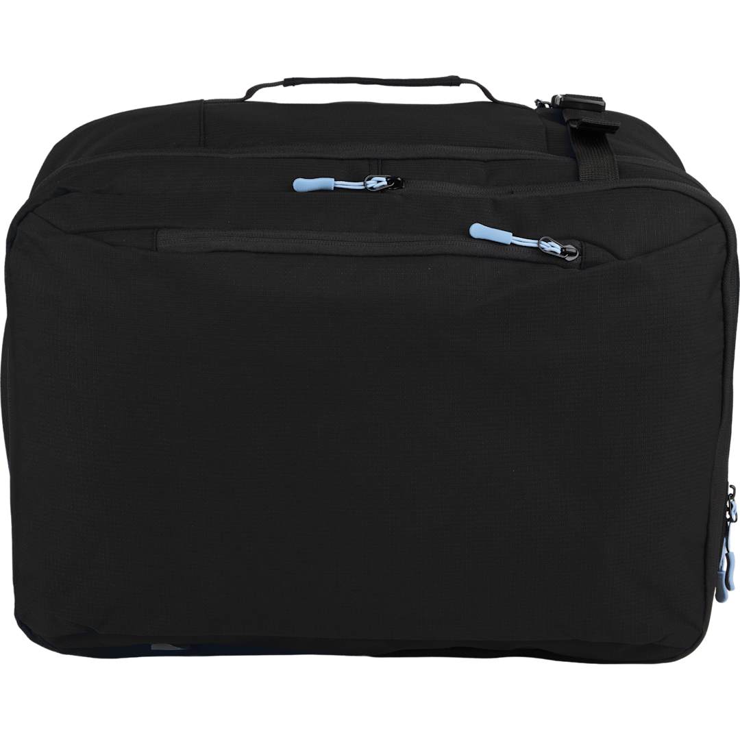 Front View of Black Wander & Roam Travel Backpack plain