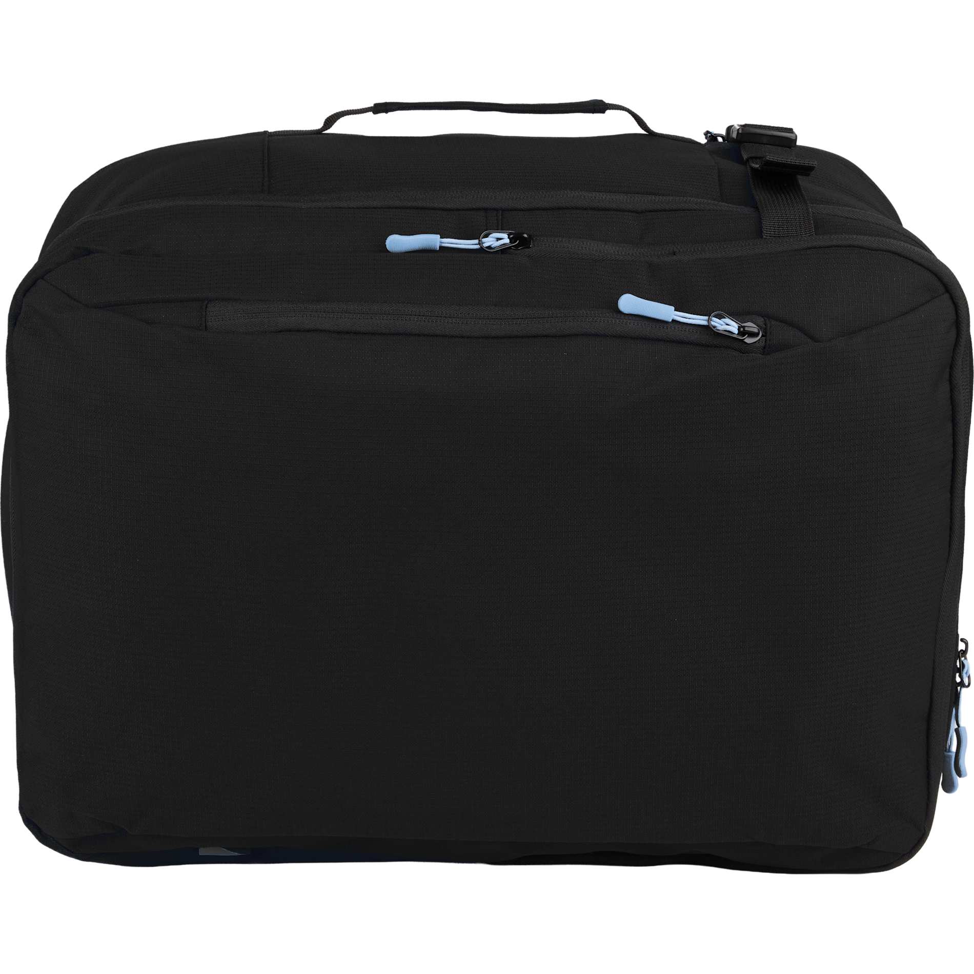Front View of Black Wander & Roam Travel Backpack plain