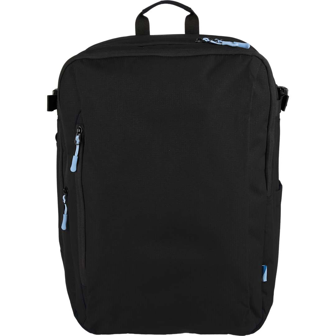 Front View of Black Wander & Roam Travel Backpack plain