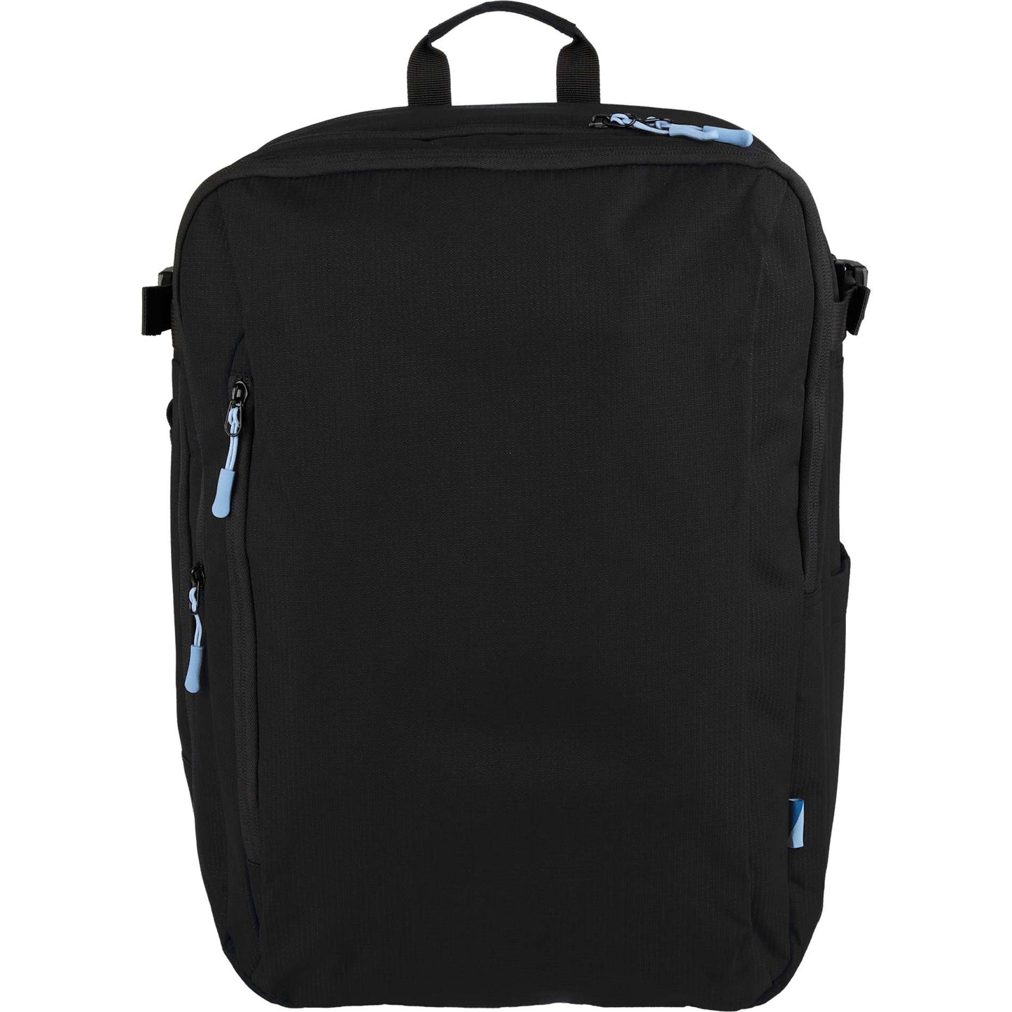 Front View of Black Wander & Roam Travel Backpack plain