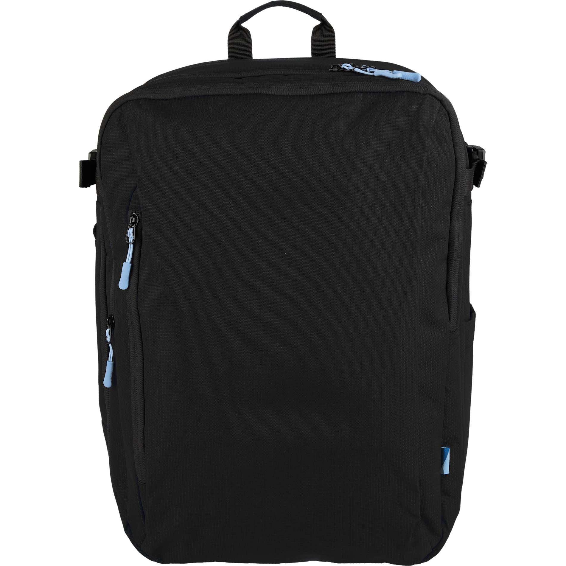 Front View of Black Wander & Roam Travel Backpack plain