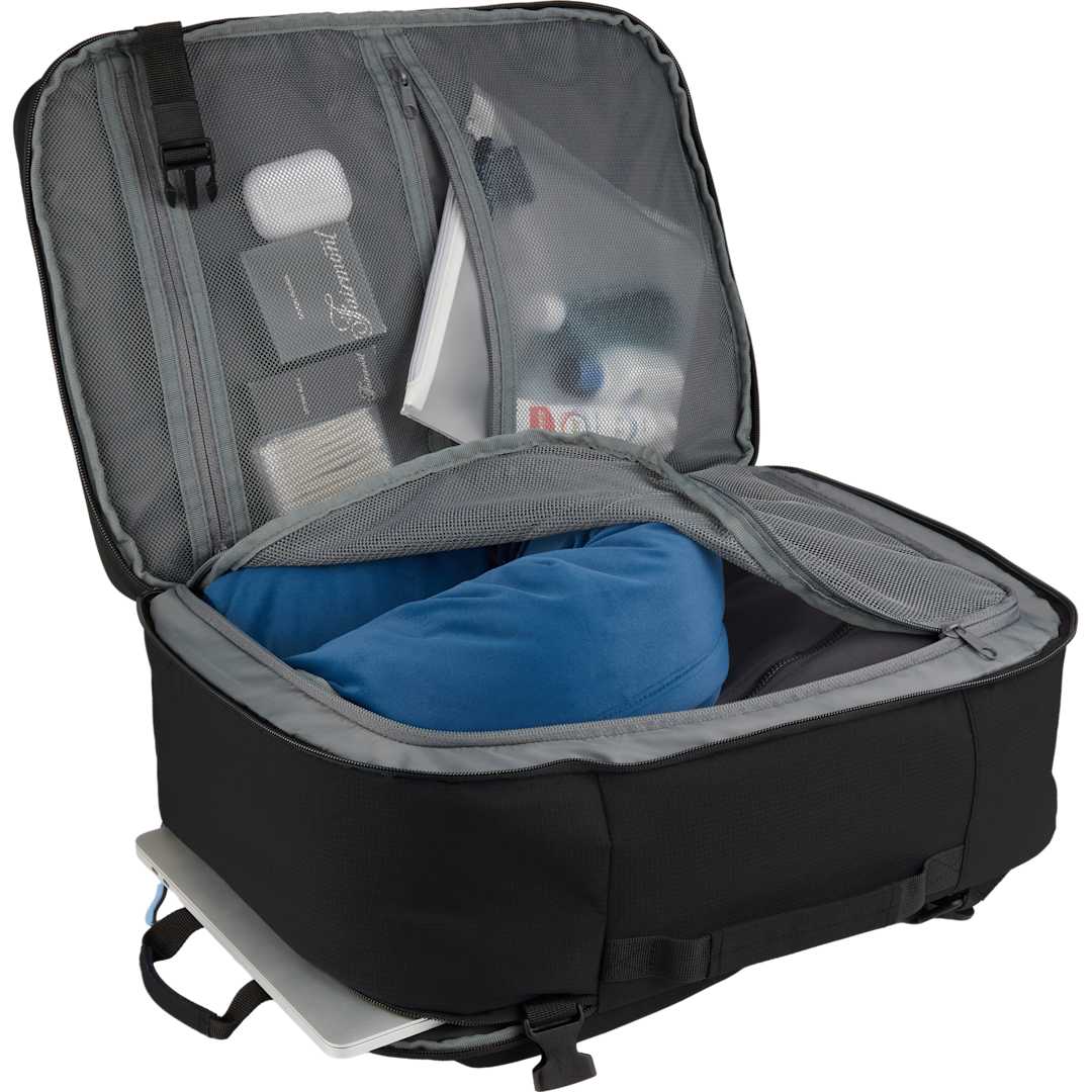 Front View of Black Wander & Roam Travel Backpack plain