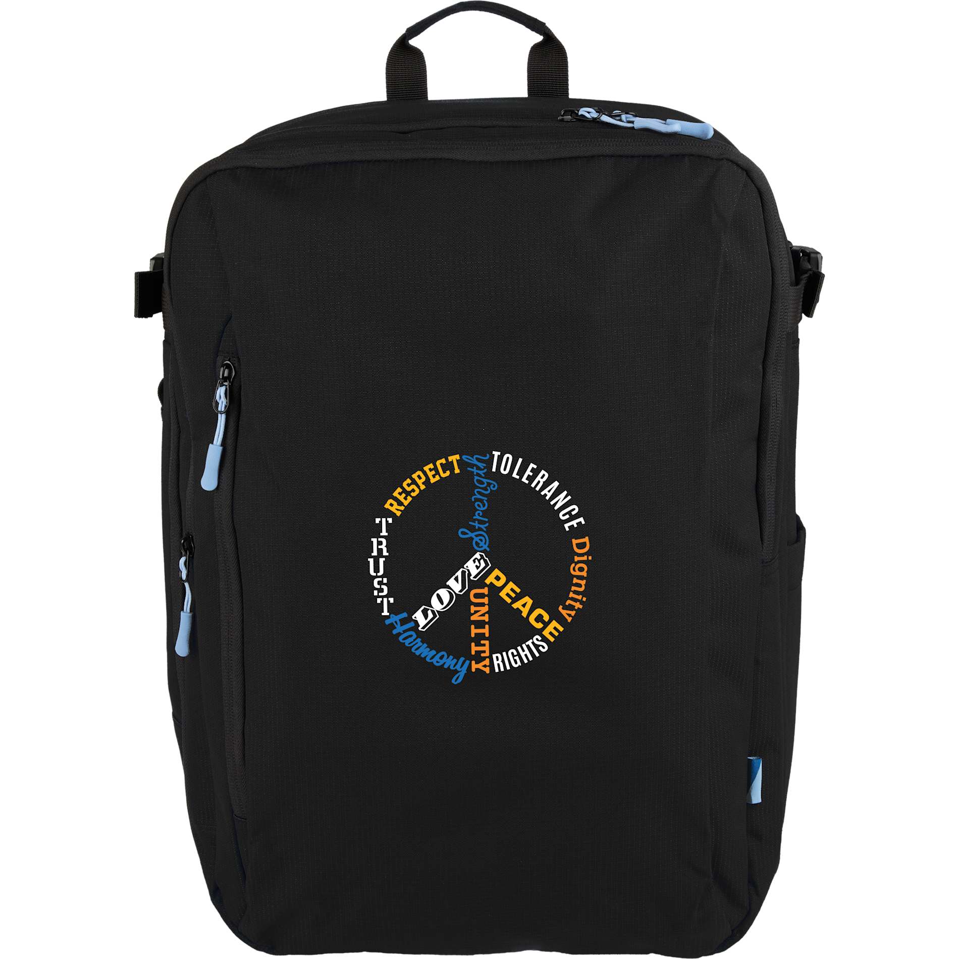 Front View of Black Wander & Roam Travel Backpack