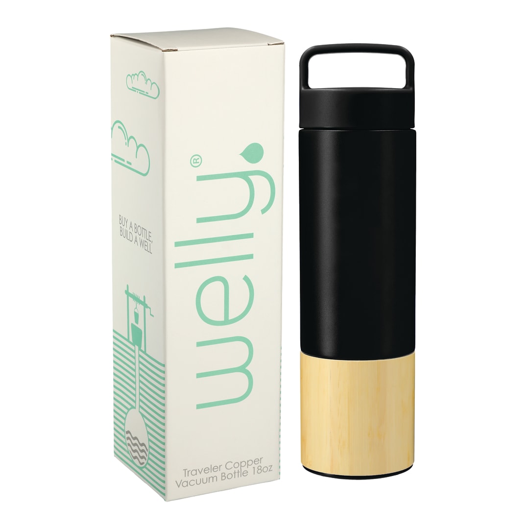 Front View of Black Welly® Traveler Copper Vacuum Bottle 18oz w/ GB plain