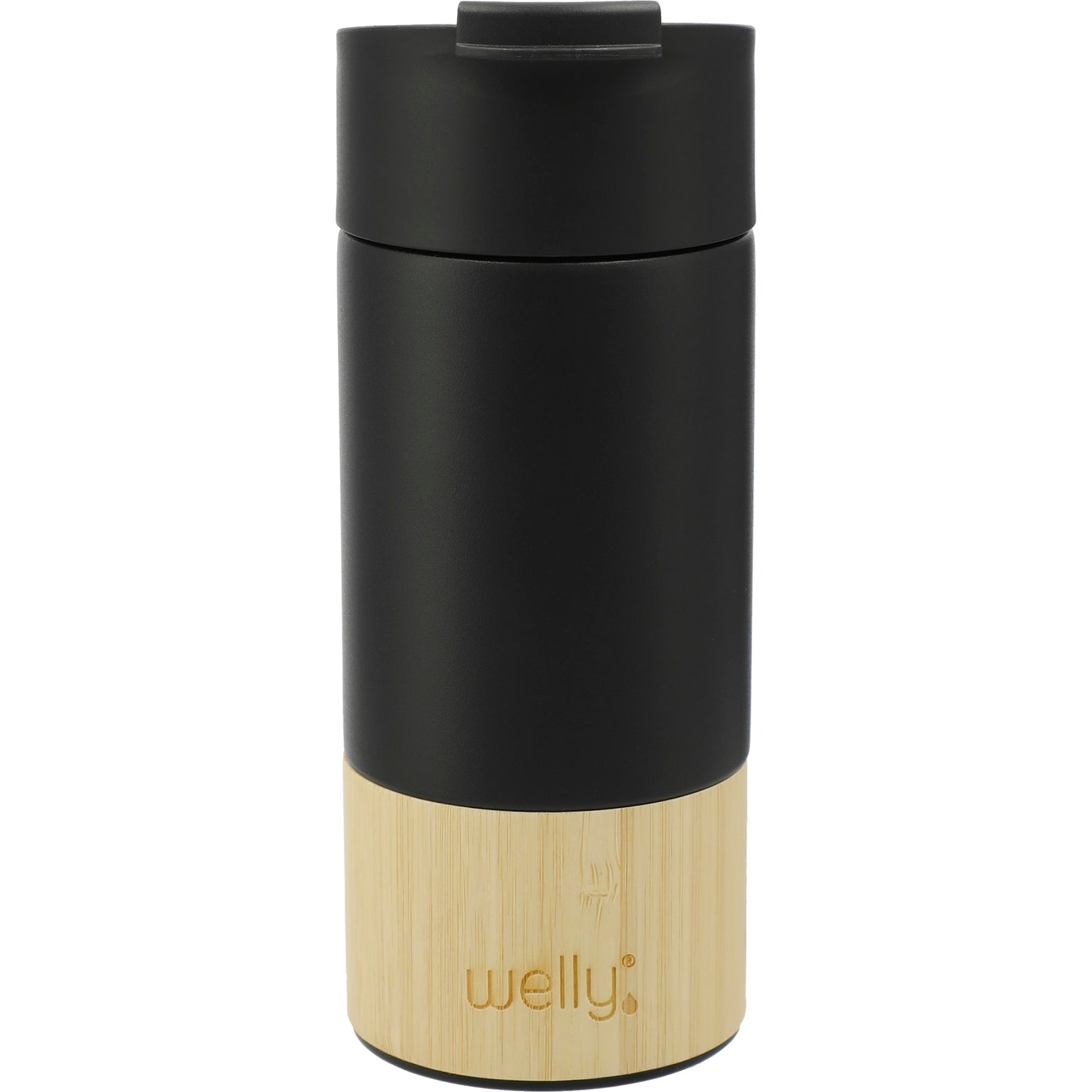 Front View of Black Welly® Traveler Copper Vacuum Tumbler 12oz plain