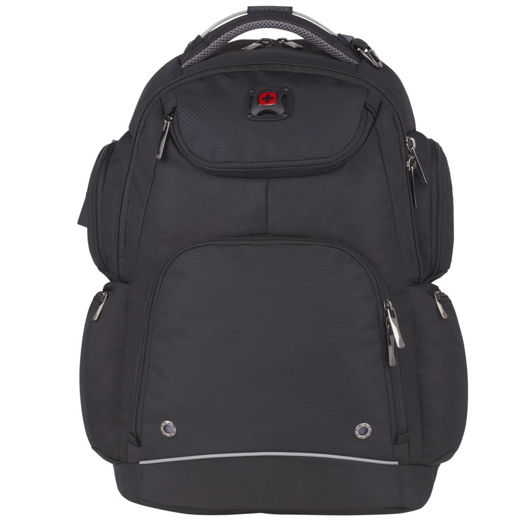 Front View of Black Wenger Odyssey TSA Recycled 17" Computer Backpack plain