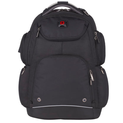 Front View of Black Wenger Odyssey TSA Recycled 17" Computer Backpack plain