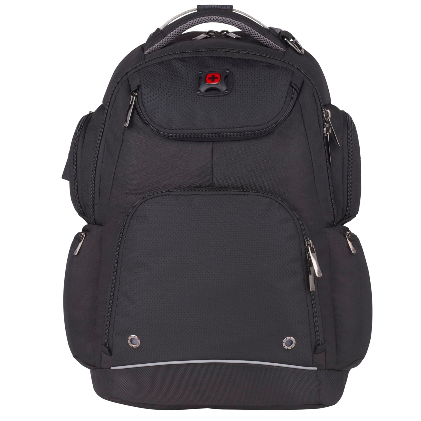 Front View of Black Wenger Odyssey TSA Recycled 17" Computer Backpack plain