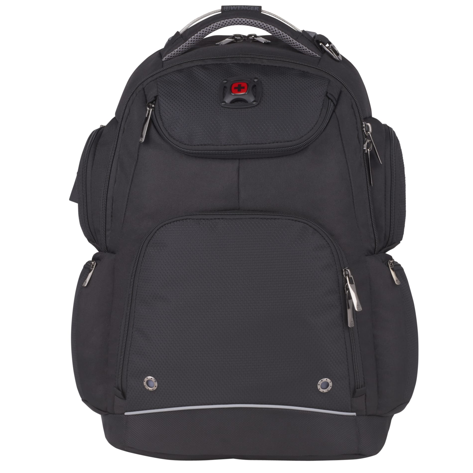 Front View of Black Wenger Odyssey TSA Recycled 17" Computer Backpack plain