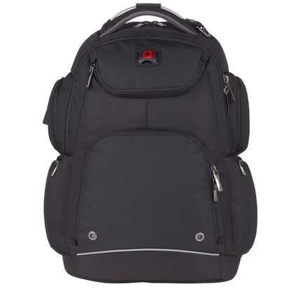 Front View of Black Wenger Odyssey TSA Recycled 17" Computer Backpack plain