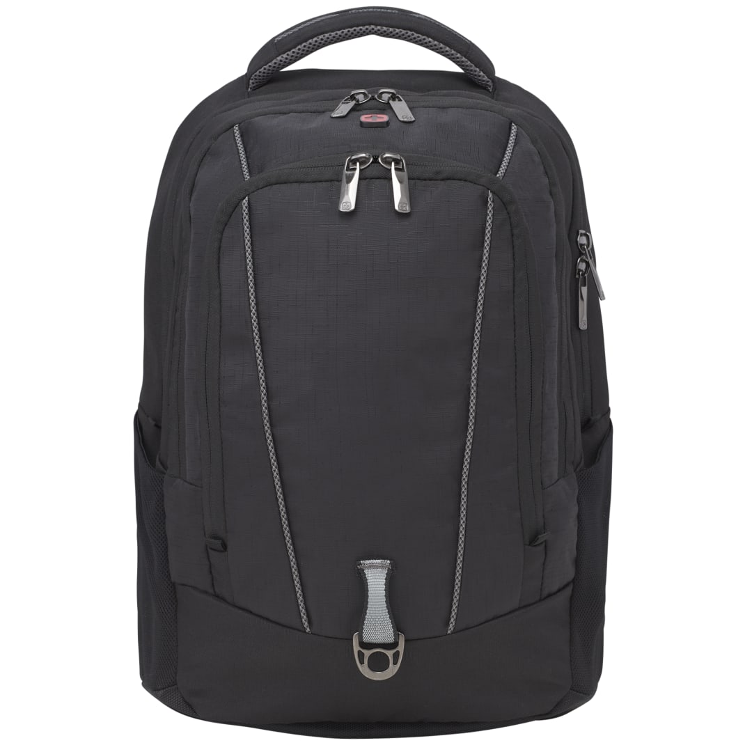 Front View of Black Wenger Origins Recycled 15" Computer Backpack plain