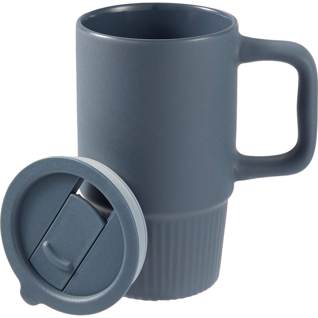 Front View of Blue Camden 13oz Ceramic Mug w/ Lid plain