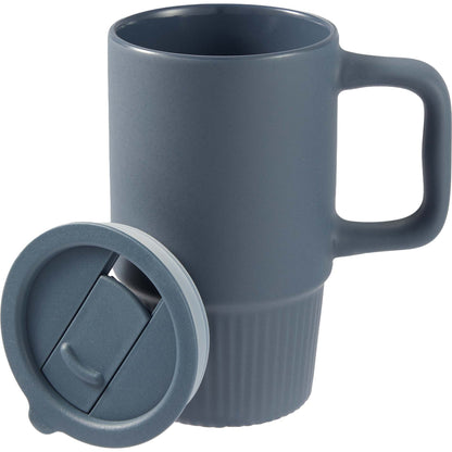 Front View of Blue Camden 13oz Ceramic Mug w/ Lid plain