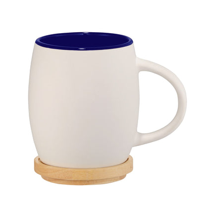 Front View of Blue Hearth Ceramic Mug FSC®100% Wood Lid/Coaster 15oz plain