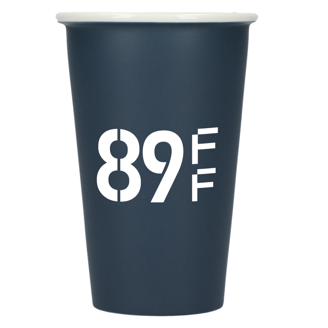 Front View of Blue I'm not a paper cup 10oz ceramic tumbler
